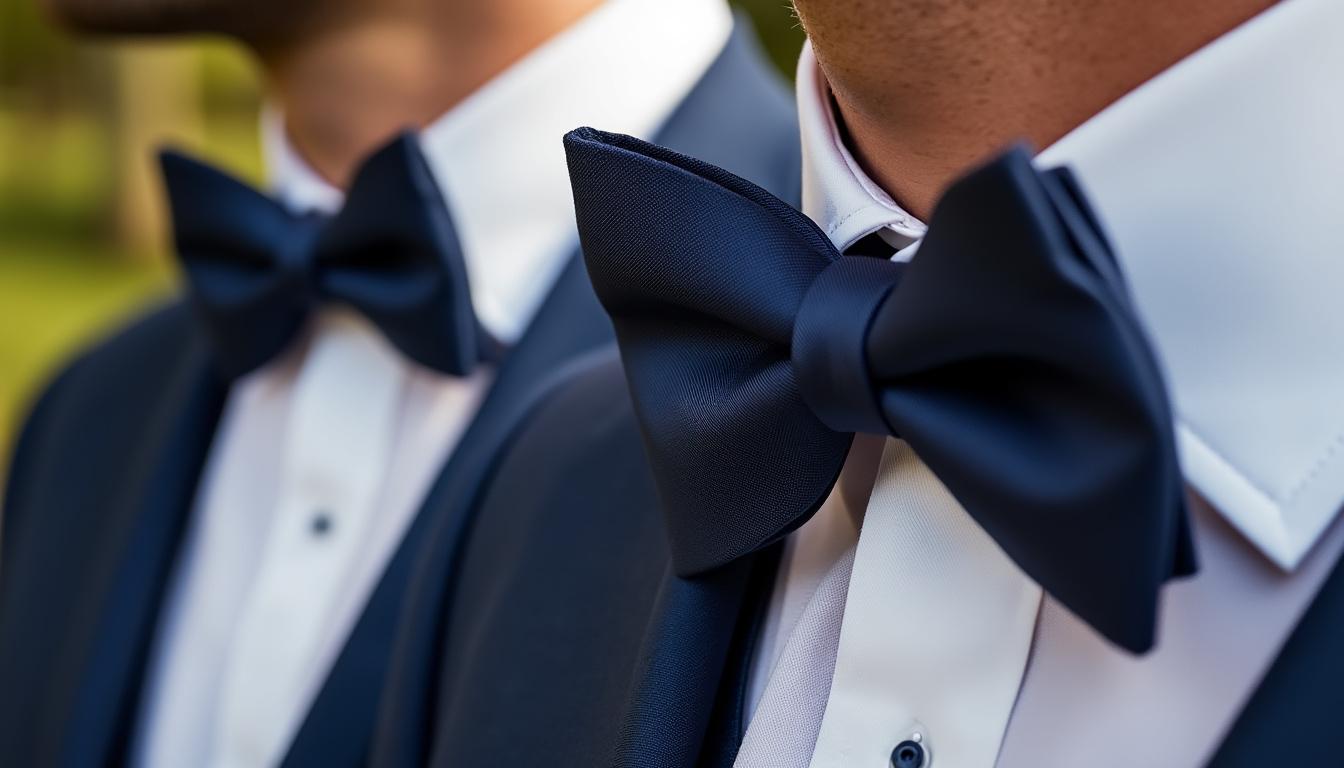 optez pour le nœud papillon lors de votre mariage ! cet accessoire classique et élégant met en valeur le style du marié tout en apportant une touche d’originalité et de raffinement à votre tenue nuptiale.