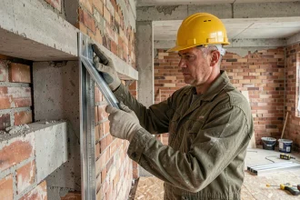 Ouvrier en rénovation positionnant un acier cornière sur un linteau en béton dans un chantier de réhabilitation intérieure