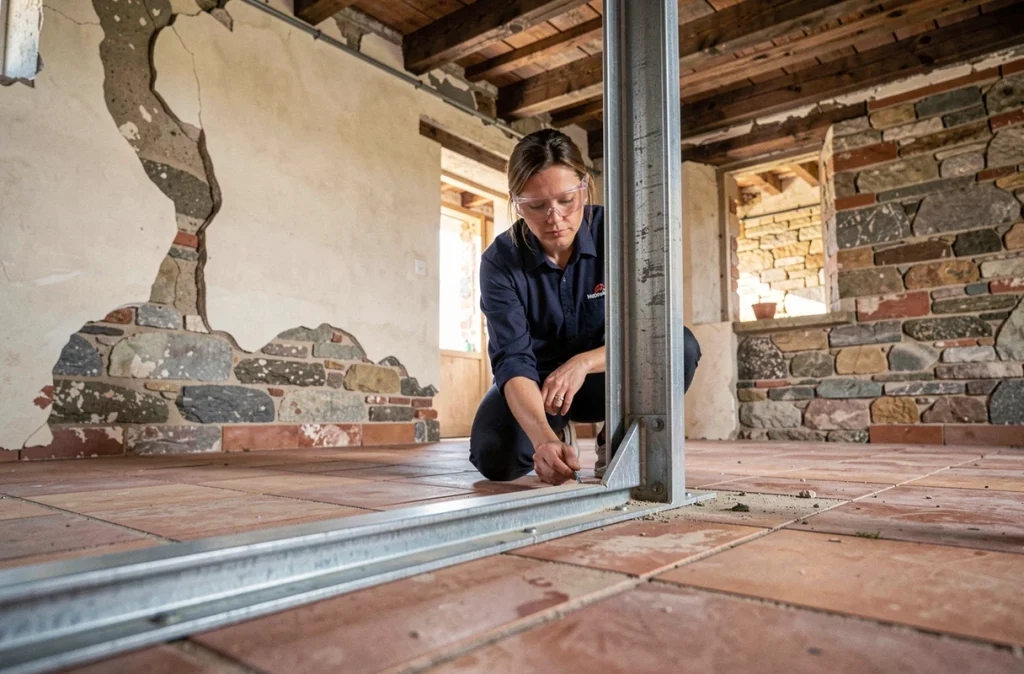 Spécialiste en rénovation inspectant un renforcement en acier cornière à la jonction entre plancher et mur maçonné dans un appartement ancien