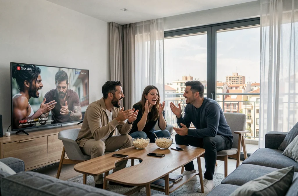 Groupe d'amis regardant une série espagnole Netflix ensemble dans un appartement moderne de Barcelone