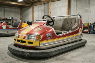 Auto tamponneuse d'occasion rouge et jaune dans un entrepôt de foire avec traces d'usure visibles
