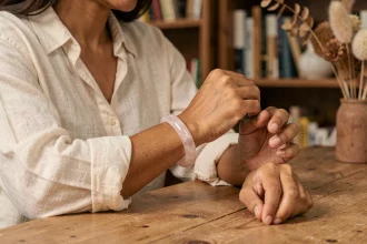 Femme enfilant un bracelet en quartz rose porte-bonheur autour de son poignet, assis à une table en bois dans une ambiance cosy et naturelle