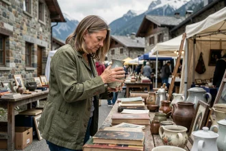 Femme examinant un objet vintage lors d'une braderie en Savoie, ambiance marché de montagne
