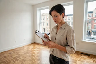 Femme consultant une liste de contrôle dans un appartement vide lors d'une première location meublée