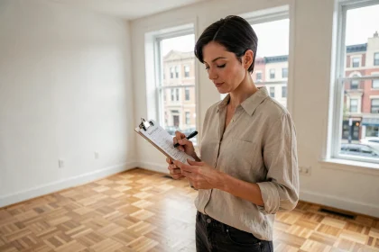 Femme consultant une liste de contrôle dans un appartement vide lors d'une première location meublée
