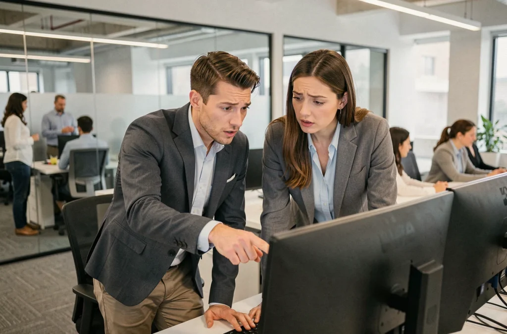 Deux collègues cherchant ensemble le site tarbob.com sur un ordinateur de bureau dans un open space professionnel