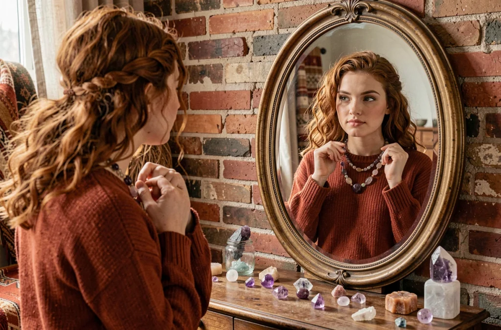 Jeune femme ajustant un collier avec pendentif en améthyste brute devant un miroir vintage dans une chambre rustique décorée de cristaux