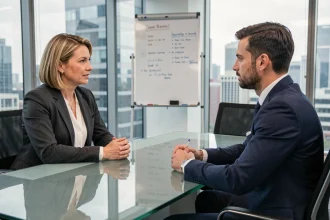 Femme manager ESTJ en réunion professionnelle face à un collègue, communication directe en entreprise
