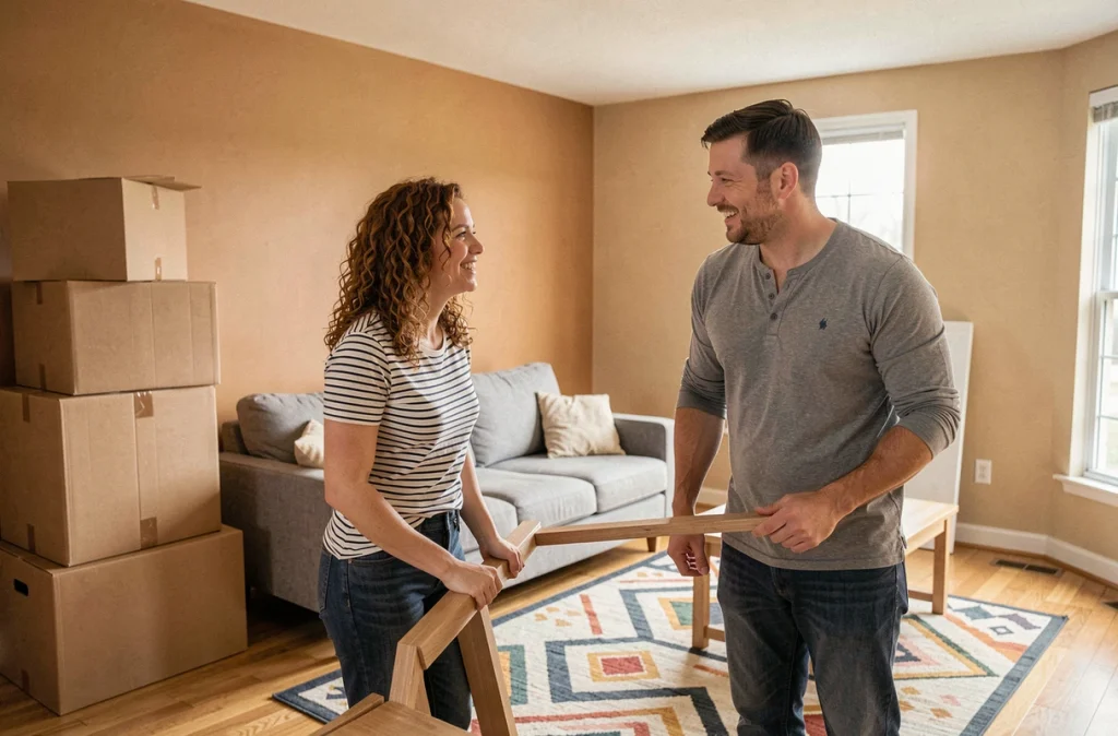 Couple emménageant et arrangeant les meubles dans un appartement meublé loué pour la première fois