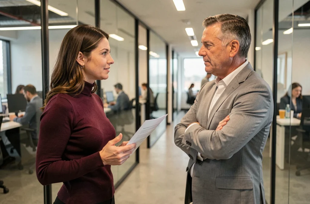 Deux collègues en conversation directe dans un couloir de bureau, illustrant la communication assertive avec un profil ESTJ