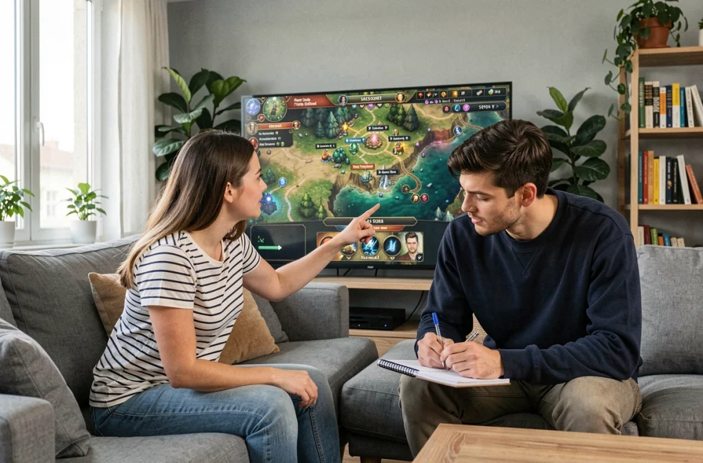 Deux joueurs collaborant devant un écran affichant l'interface de chasse au trésor et les portails de Dofus