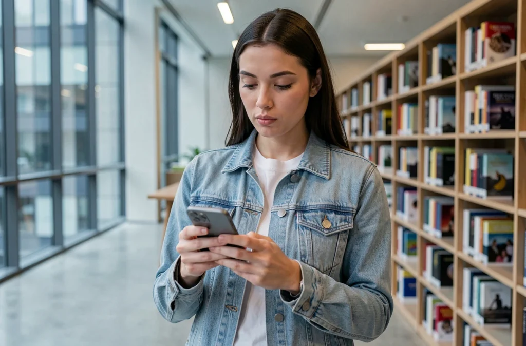 Femme consultant le site tarbob.com sur son smartphone dans une bibliothèque urbaine moderne