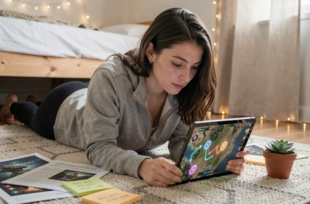 Jeune femme jouant à Dofus sur tablette entourée de guides et de notes sur la chasse au trésor et les portails