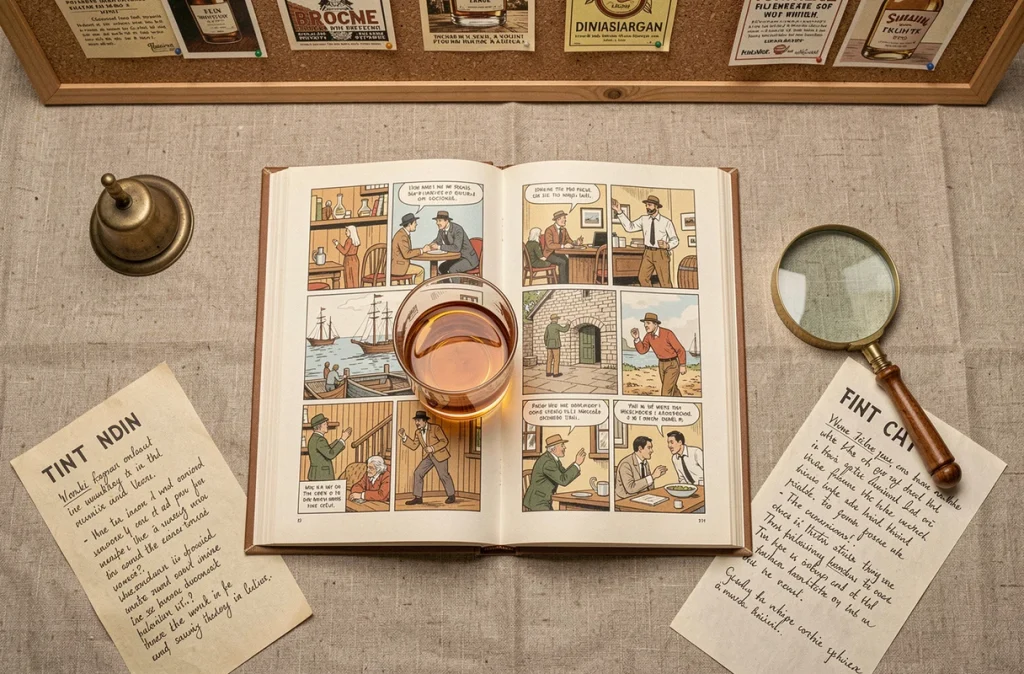 Vue aérienne d'un album Tintin ouvert avec un verre de whisky posé dessus, entouré d'objets de recherche sur le whisky du capitaine Haddock