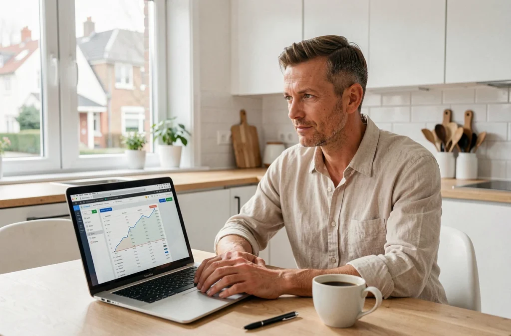 Freelance consultant analysant ses finances personnelles sur un ordinateur portable pour préparer un dossier de prêt immobilier