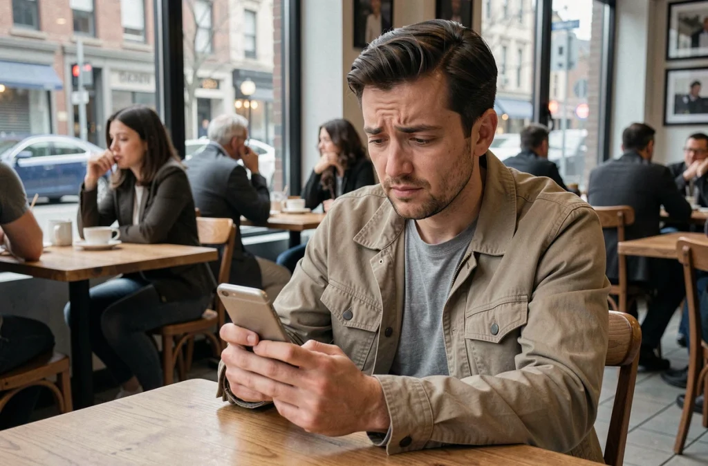 Homme lisant des avis utilisateurs sur Rabitfinder depuis son smartphone dans un café urbain