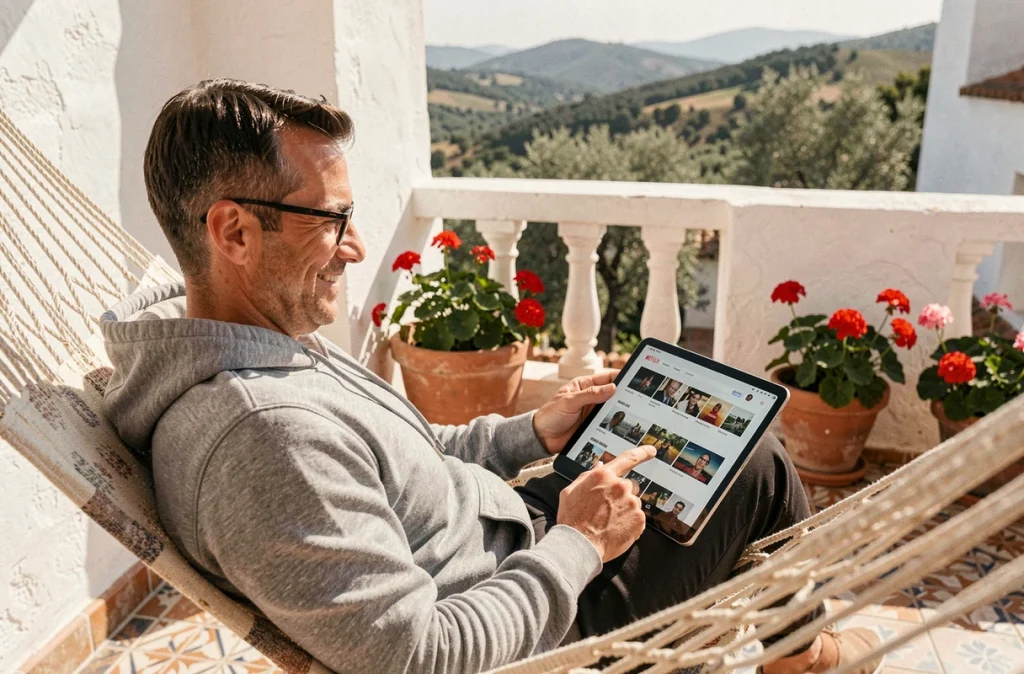 Homme consultant le catalogue Netflix sur une tablette sur une terrasse espagnole ensoleillée pour choisir une série 2026