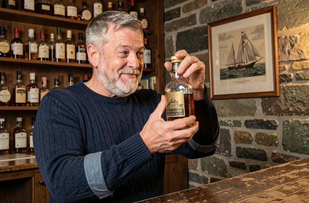 Homme en pull marin examinant une bouteille de whisky écossais dans un pub rustique aux allures de brasserie de capitaine