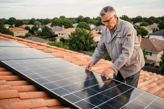 Artisan installant des panneaux solaires photovoltaïques sur un toit de maison individuelle lors d'une rénovation énergétique