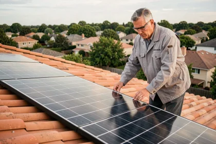 Artisan installant des panneaux solaires photovoltaïques sur un toit de maison individuelle lors d'une rénovation énergétique