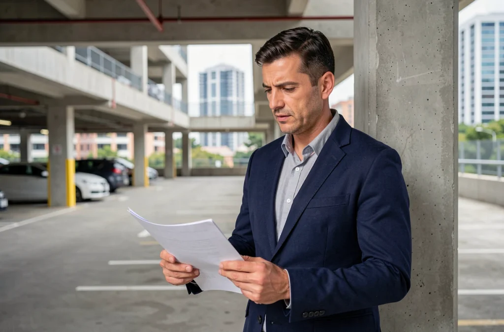 Investisseur immobilier masculin analysant une place de parking en extérieur urbain, tenant un document de bilan patrimonial