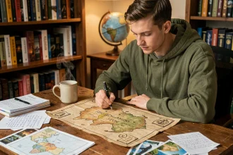 Joueur de Dofus étudiant une carte au trésor manuscrite sur un bureau en bois entouré de notes et d'accessoires d'exploration
