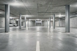 Parking souterrain moderne avec places délimitées en blanc sur béton gris, perspective grand angle montrant l'architecture structurelle d'un investissement immobilier