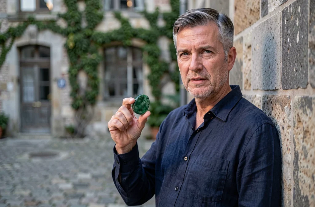 Homme tenant une pierre d'aventurine verte porte-bonheur dans sa main, devant un mur en pierre dans une cour européenne
