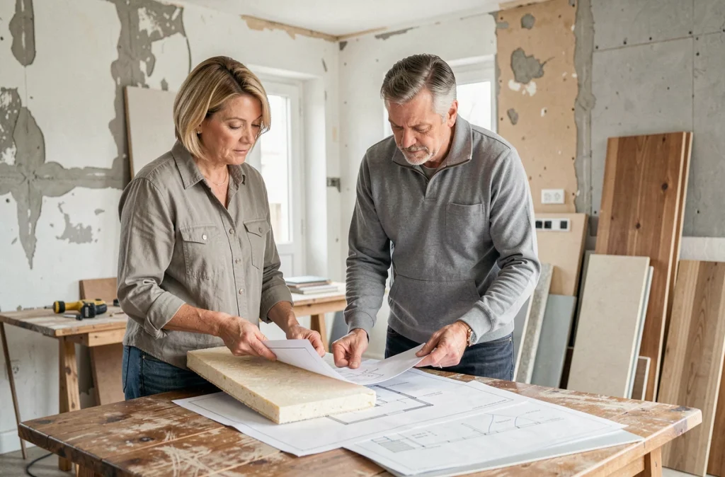 Couple de propriétaires étudiant des matériaux d'isolation dans leur maison en cours de rénovation thermique