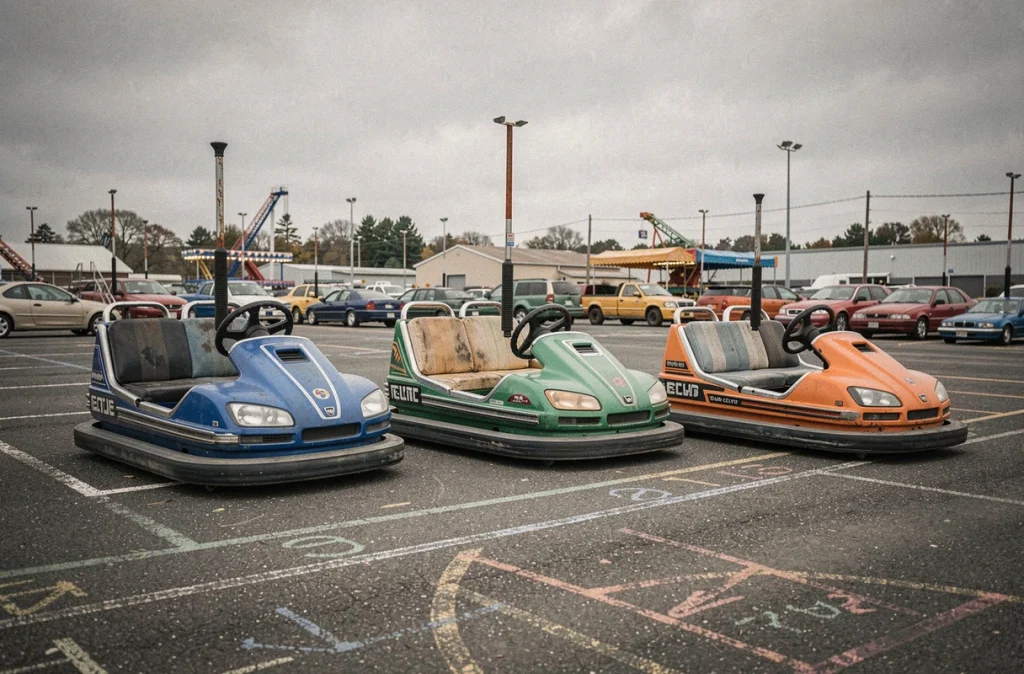 Rangée d'autos tamponneuses d'occasion colorées chez un revendeur de manèges en plein air
