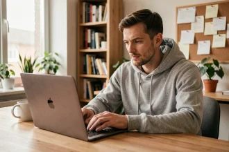 Homme cherchant le site tarbob.com sur son ordinateur portable dans un bureau à domicile moderne en 2026
