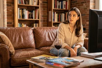 Jeune femme espagnole regardant une série Netflix sur son canapé dans un appartement de Madrid en 2026