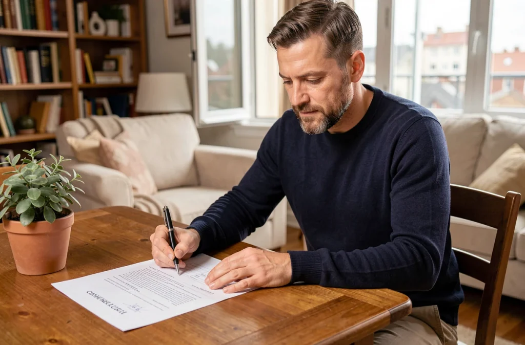Locataire signant un contrat de location meublée assis à une table dans un appartement décoré