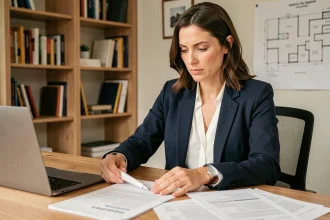 Travailleuse indépendante en train d'étudier des documents de prêt immobilier dans son bureau à domicile