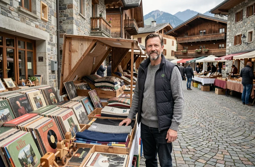 Vendeur à sa table de braderie dans un village savoyard avec objets de seconde main exposés