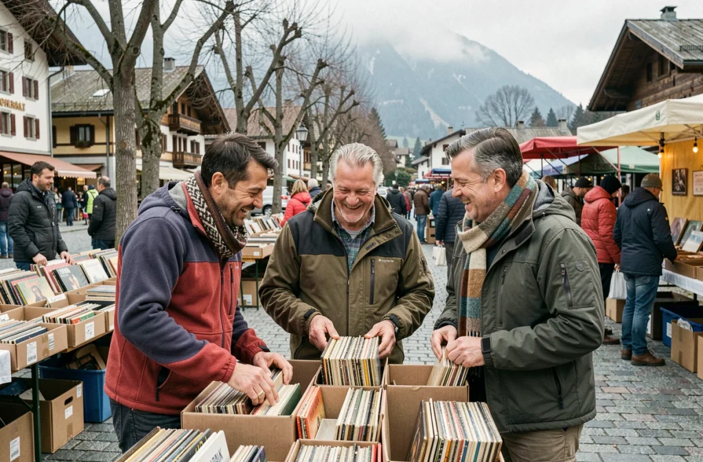 Groupe de visiteurs discutant et fouinant ensemble lors d'une braderie en plein air en Savoie