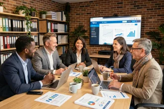Équipe de professionnels d'ONG réunis autour d'une table lors d'un atelier de stratégie digitale avec laptops et rapports imprimés