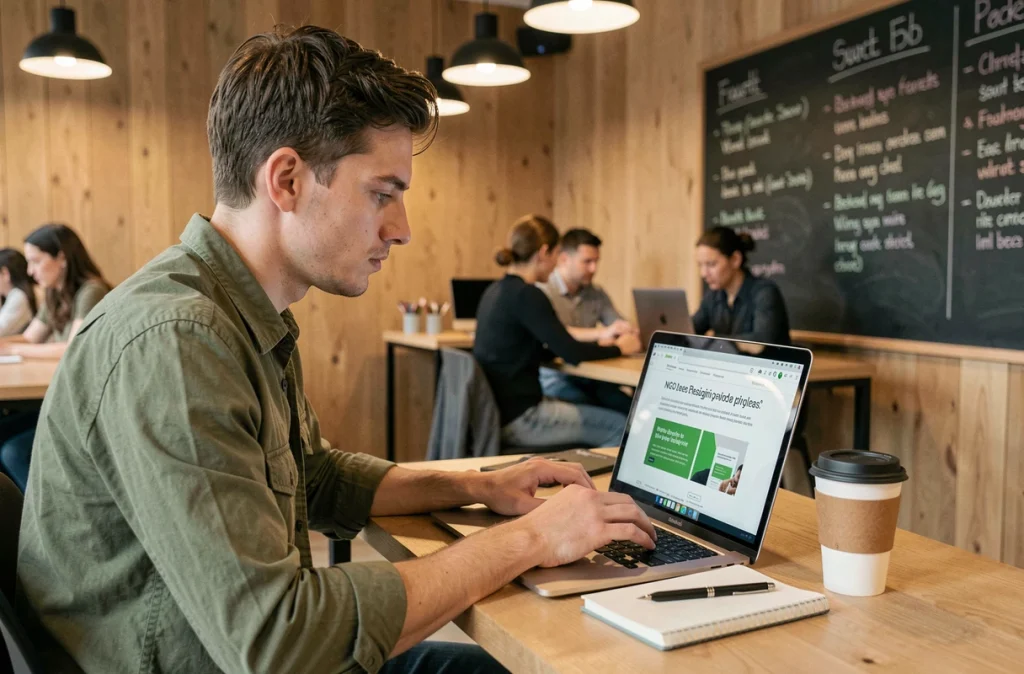 Jeune développeur web travaillant sur la refonte d'un site d'ONG dans un espace de coworking moderne et collaboratif