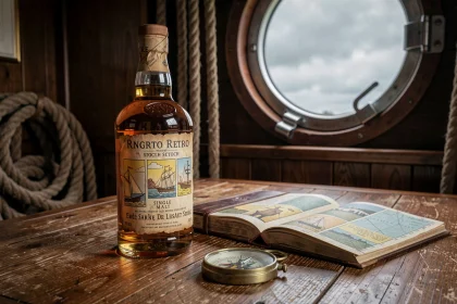 Bouteille de whisky écossais vintage posée sur un bureau de capitaine avec une carte maritime et un livre de bande dessinée façon Tintin
