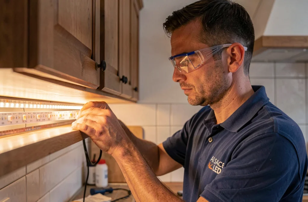 Technicien Alsace Led installant des bandeaux LED sous des meubles de cuisine dans une maison alsacienne