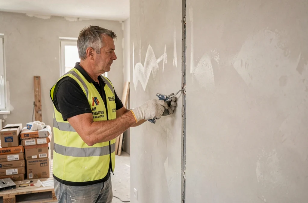 Artisan Am Renovation réalisant des finitions électriques dans un appartement en rénovation à Strasbourg