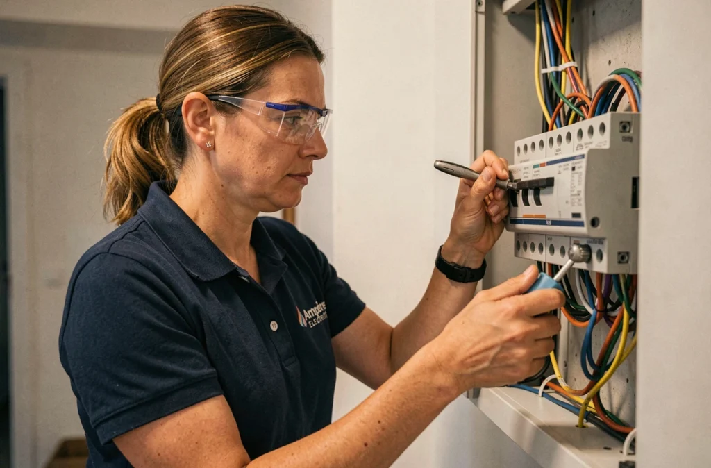 Électricienne d'Ampère Électricité travaillant sur un tableau électrique dans un appartement à Strasbourg