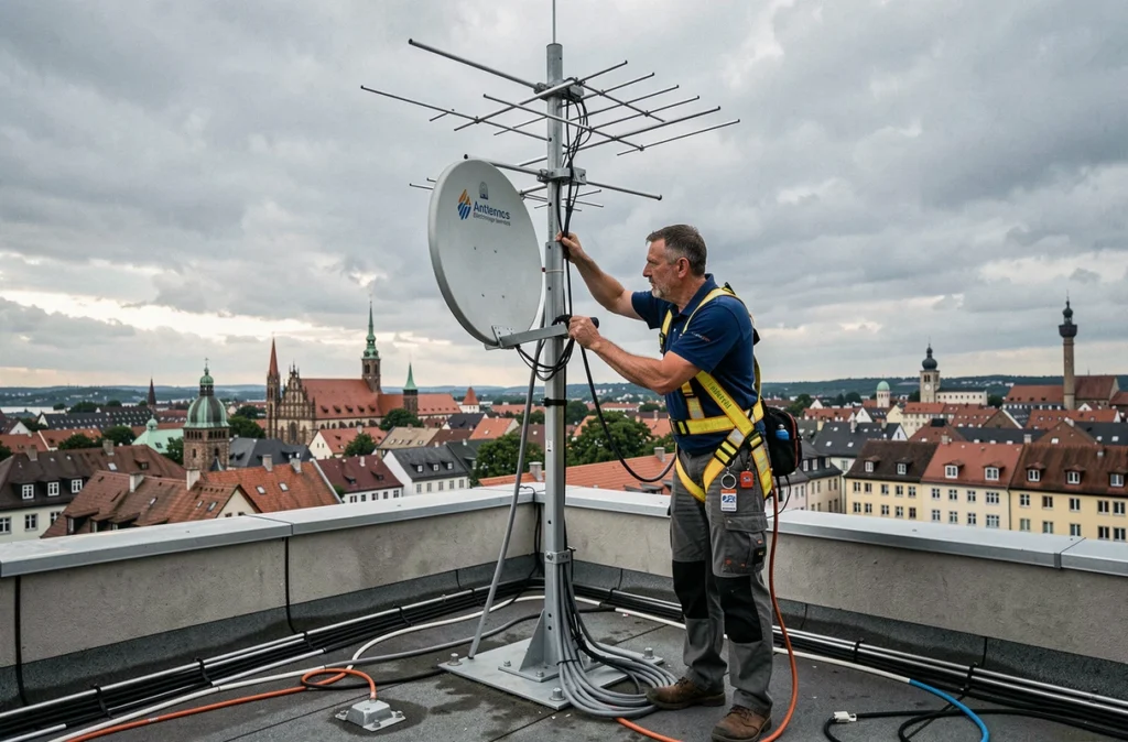 Technicien Antennes Electronique Services installant une antenne satellite sur un toit à Strasbourg