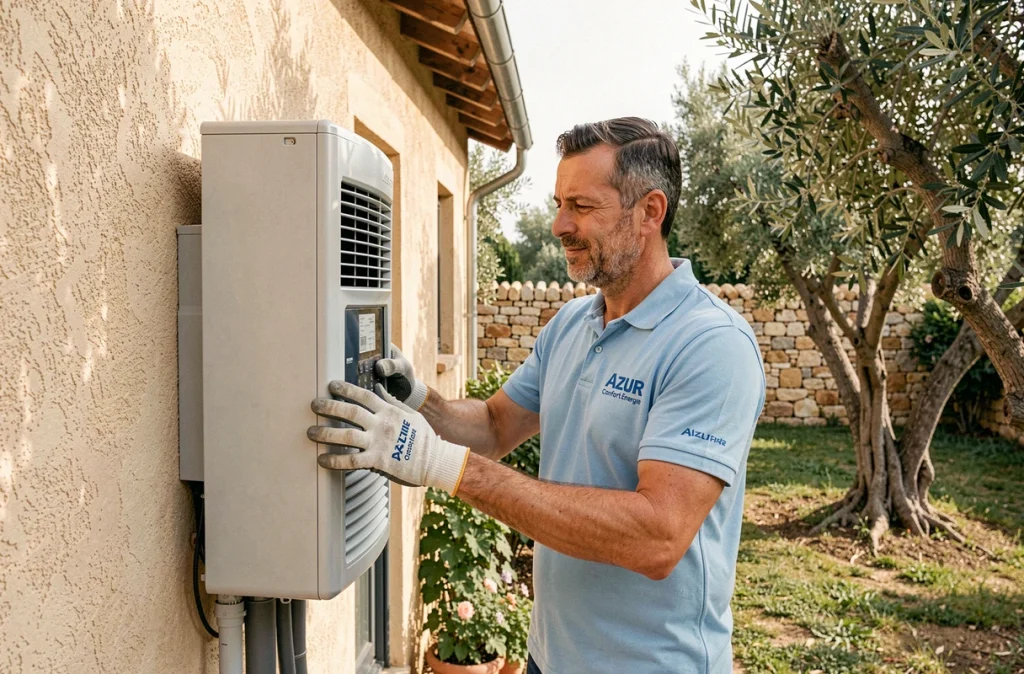 Technicien Azur Confort Énergie installant une pompe à chaleur sur une villa méditerranéenne dans le Gard