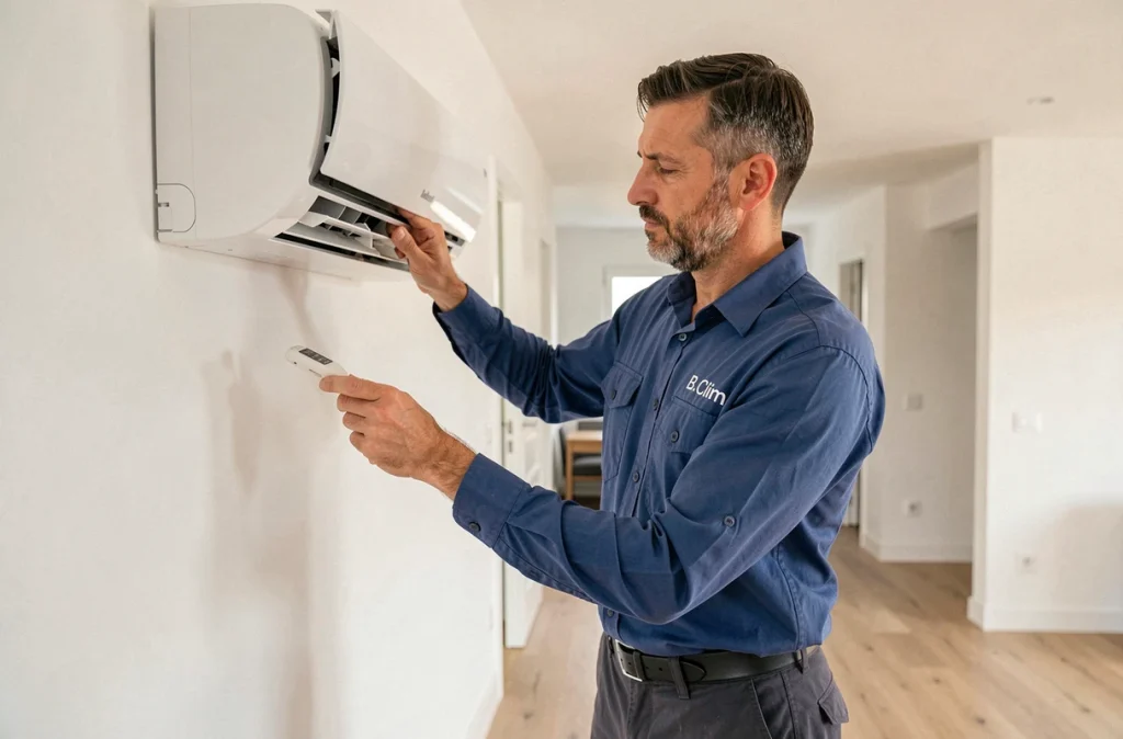 Technicien B. Clim réglant une unité de climatisation et chauffage dans un appartement moderne