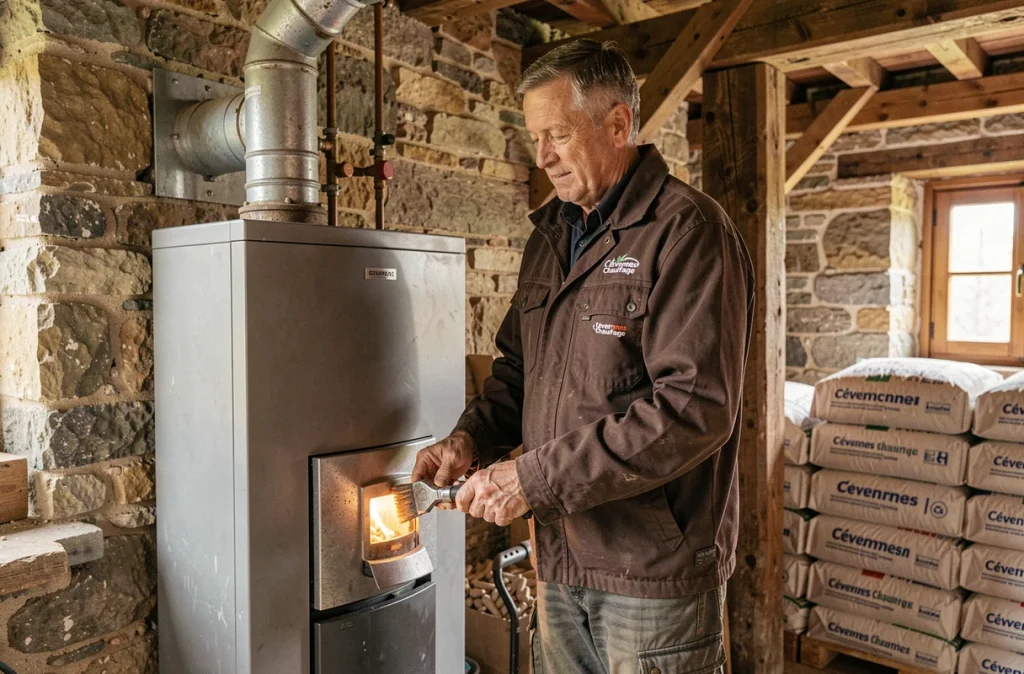 Technicien Cévennes Chauffage entretenant une chaudière à granulés dans une ferme cévenole
