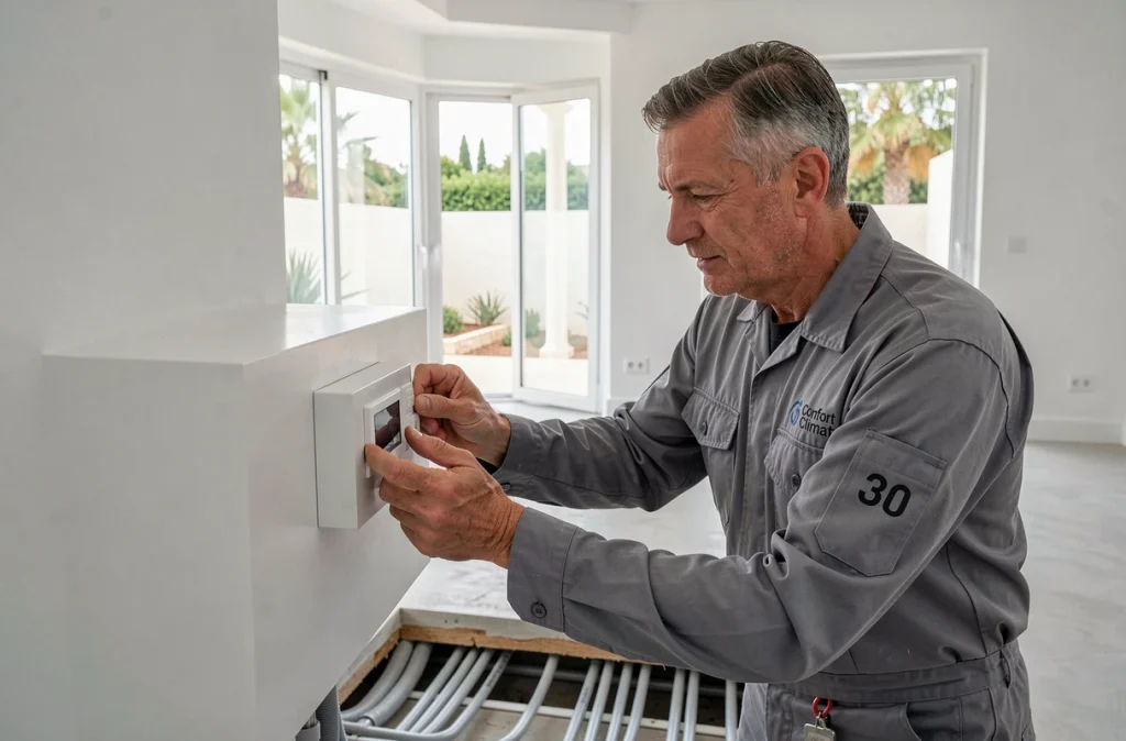Technicien Confort Climat 30 réglant un système de chauffage par le sol dans une maison contemporaine de Nîmes