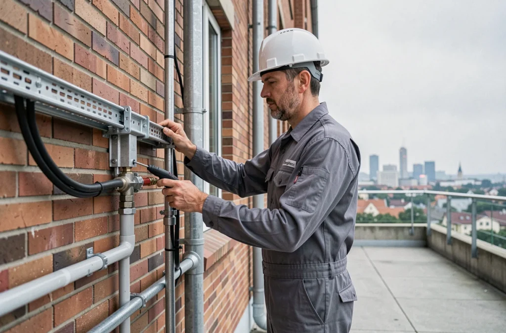 Technicien Degirelec inspectant des conduits électriques sur la façade d'un bâtiment commercial à Strasbourg