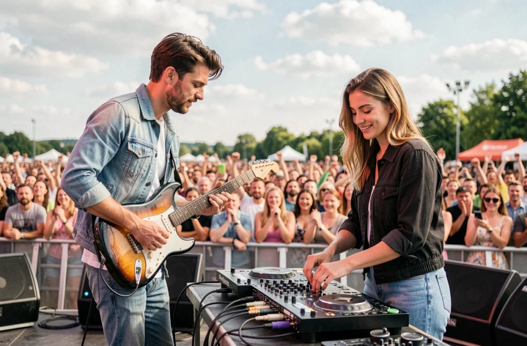 Le duo Dohan combinant guitare électrique et DJ set lors d'un concert pop rock en plein air à Angers