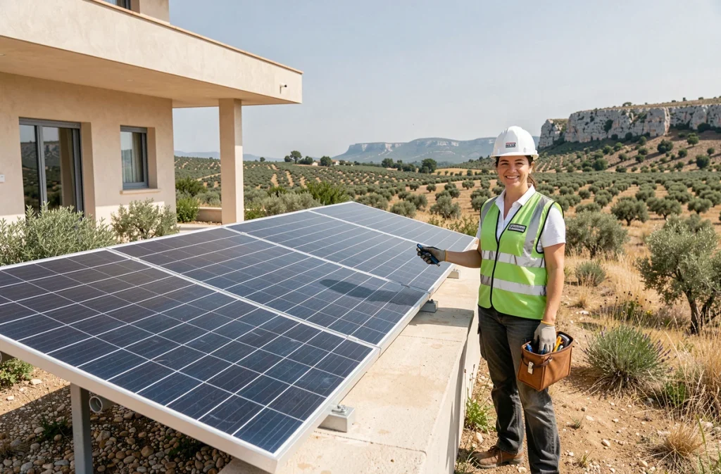 Technicienne installant des panneaux solaires thermiques sur un toit en Occitanie